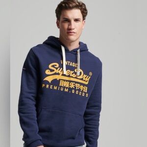 Superdry Vintage Logo Heritage Hoodie Navy Hoodie with Yellow Logo XL